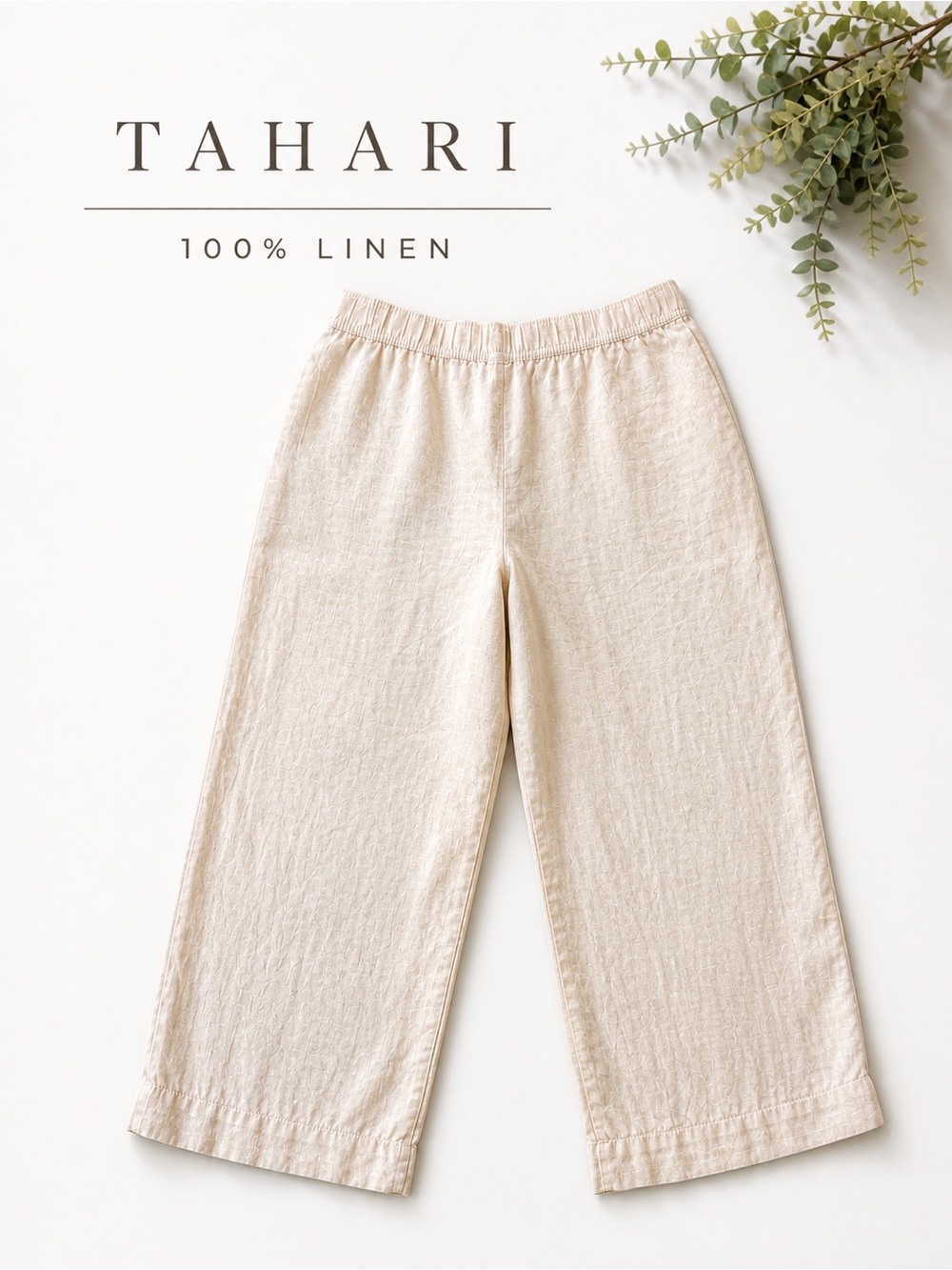 Tahari 100% Linen Cropped Wide Leg Pants Beige Elastic Waistband Coastal Grandma